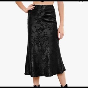 Black floral satin midi skirt